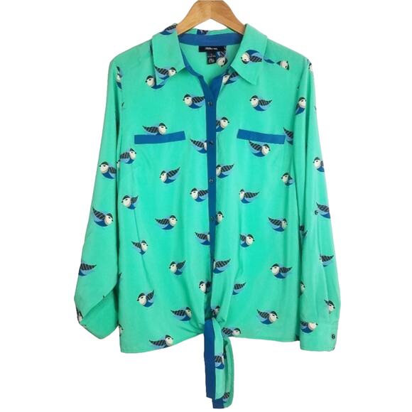 Style & Co. | Button Down Bird Print Blouse Green - Picture 1 of 8